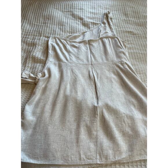 PrettyLittleThing Linen Blend One Shoulder Faux Wrap Ivory Mini Dress Size 12 - Picture 8 of 12